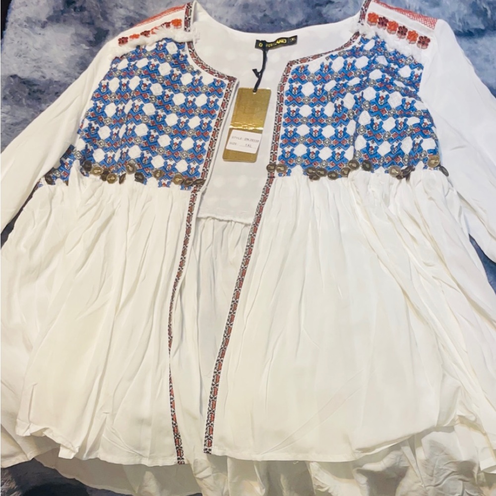 Brand new boho sheik shirt with copper coin accents